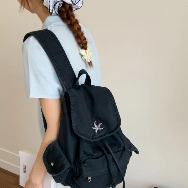 笛贝嘉 日系复古原宿抽绳大容量背包学生书包通勤百搭简约 帆布 双肩包 男女同款情侣款 黑色/灰色