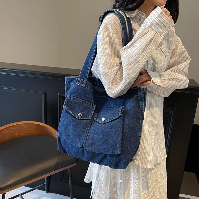 笛贝嘉 日系简约休闲运动风大容量托特包女学生上课包时尚设计感 牛仔布 单肩包 常规 女款 多色