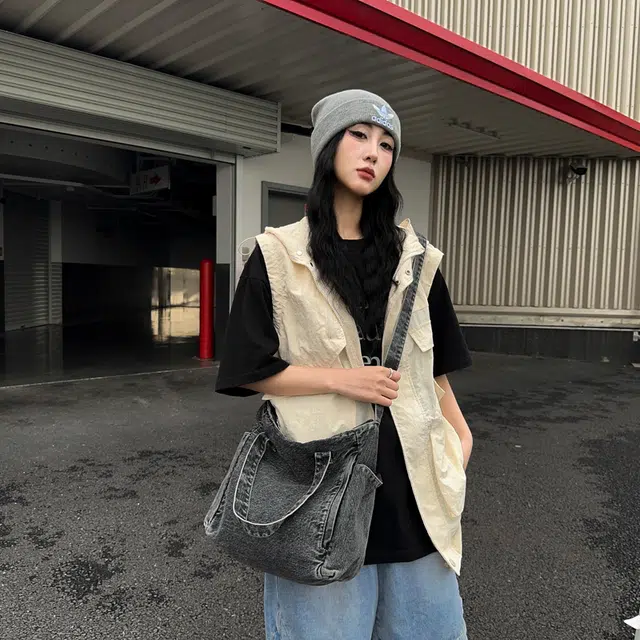 笛贝嘉 日系原宿风手提学生上课包单肩包女 牛仔布 斜挎包 常规 男女同款情侣款 蓝色