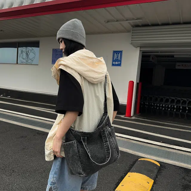 笛贝嘉 日系原宿风手提学生上课包单肩包女 牛仔布 斜挎包 常规 男女同款情侣款 蓝色