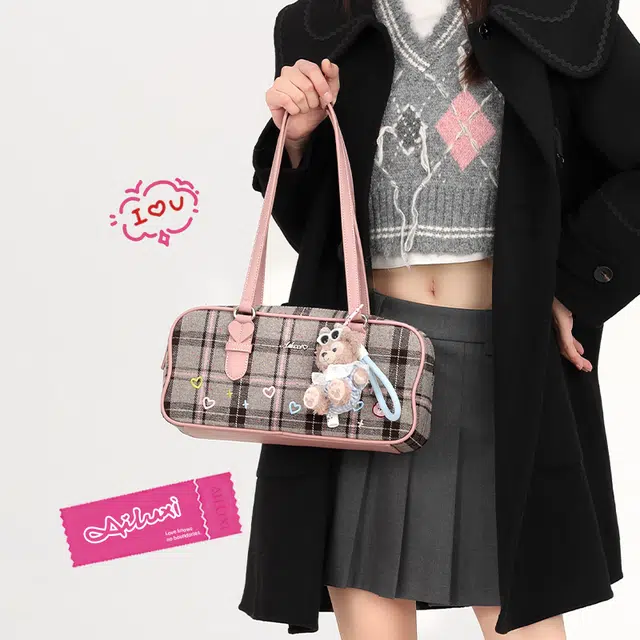 爱路喜 原创设计小众时尚毛呢格纹 织物拼合成革 单肩包 女款 灰雾粉