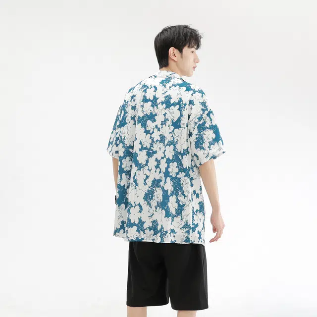 夏威夷方领百搭落肩宽松短袖衬衫 男女同款 洞庭湖蓝