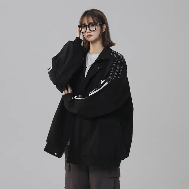 寻星记 美式复古拼接撞色长袖工装棒球服女飞行员风外套夹克 男女同款