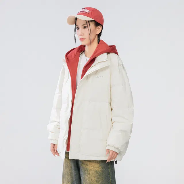 雅鹿 基础款可拆卸帽简约字母宽松舒适百搭假两件羽绒服 男女同款 米白色