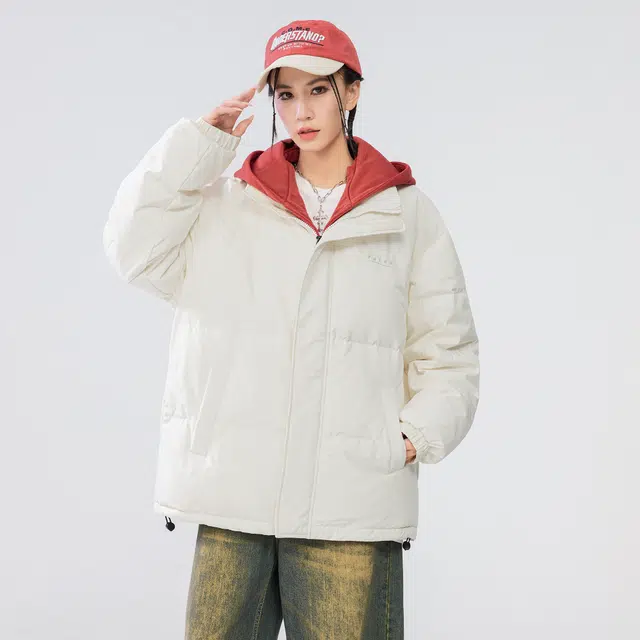 雅鹿 基础款可拆卸帽简约字母宽松舒适百搭假两件羽绒服 男女同款 米白色