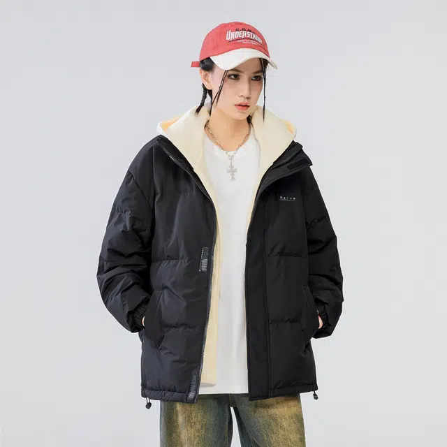 雅鹿 基础款可拆卸帽简约字母宽松舒适百搭假两件羽绒服 男女同款 米白色