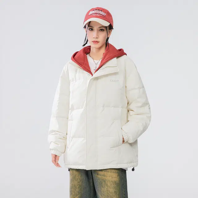 雅鹿 基础款可拆卸帽简约字母宽松舒适百搭假两件羽绒服 男女同款 米白色