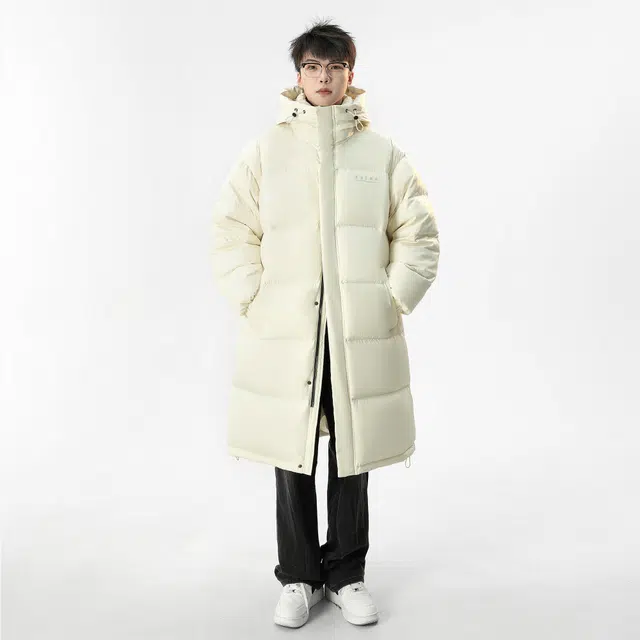 雅鹿 基础款简约纯色抗寒保暖多巴胺字母反光标连帽落肩袖宽松舒适透气百搭中长款羽绒服 男女同款 米色