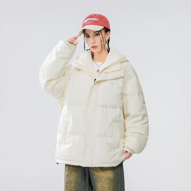 雅鹿 基础款可拆卸帽简约字母宽松舒适百搭假两件羽绒服 男女同款 米白色