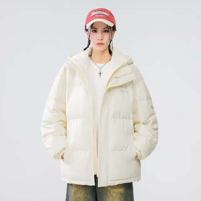 雅鹿 基础款可拆卸帽简约字母宽松舒适百搭假两件羽绒服 男女同款 米白色