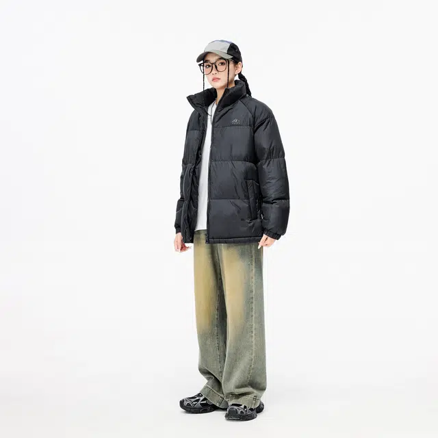 雅鹿 基础款保暖字母简约纯色立领宽松舒适百搭面包羽绒服 男女同款