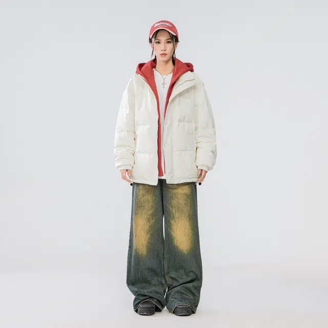 雅鹿 基础款可拆卸帽简约字母宽松舒适百搭假两件羽绒服 男女同款 米白色