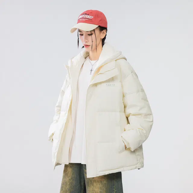 雅鹿 基础款可拆卸帽简约字母宽松舒适百搭假两件羽绒服 男女同款 米白色