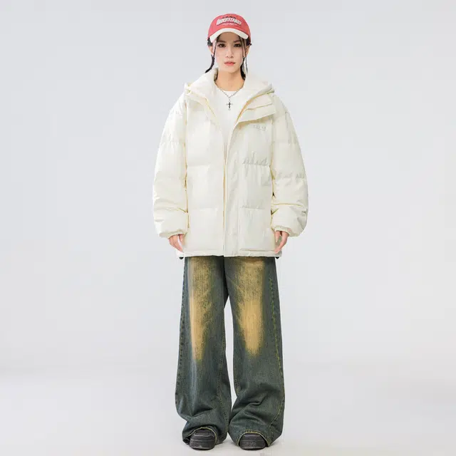 雅鹿 基础款可拆卸帽简约字母宽松舒适百搭假两件羽绒服 男女同款 米白色