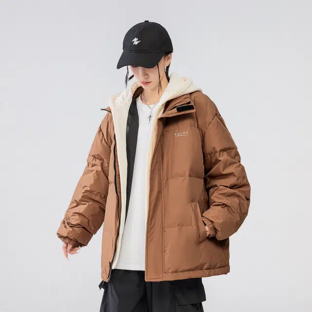 雅鹿 基础款可拆卸帽简约字母宽松舒适百搭假两件羽绒服 男女同款 米白色