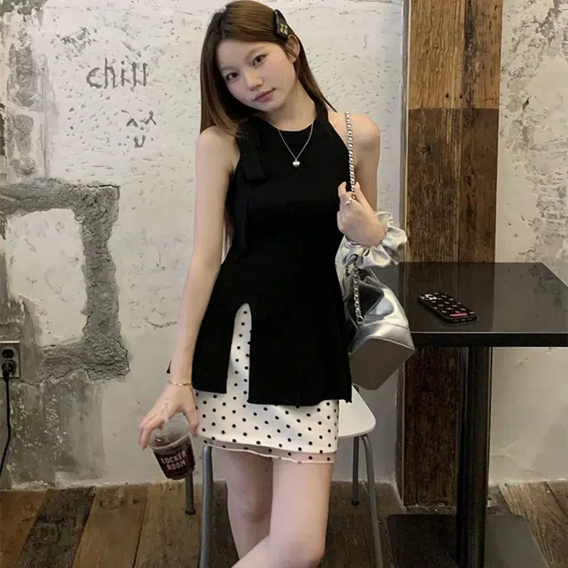 依钗 韩系纯色无袖波点小个子绝美短裙裙装套装 女款