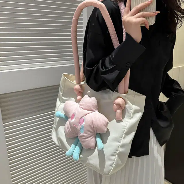 小众设计星星时尚可爱大容量托特包 牛津布 购物袋单肩包 女款 白色/粉色