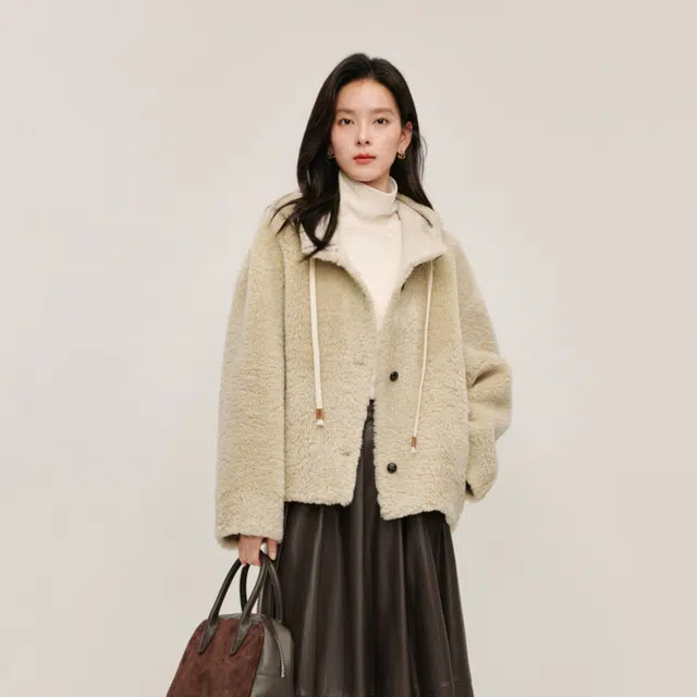 茵曼 复古连帽皮毛一体加厚长袖截短外套 女款 杏色