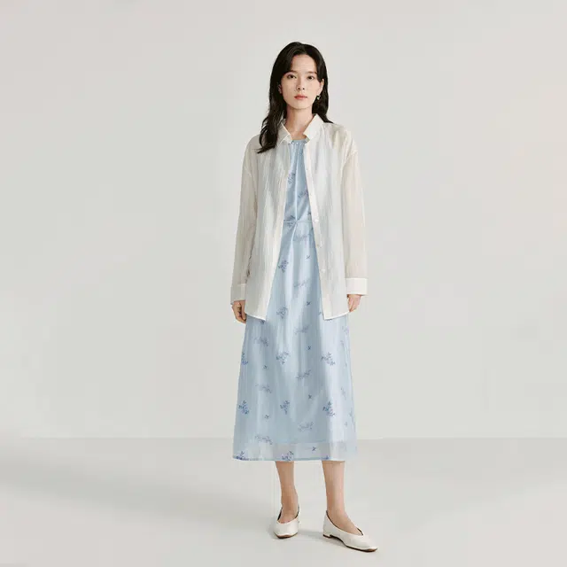 茵曼 简约收腰纯色圆领中长款吊带连衣裙 女款 雾霾蓝
