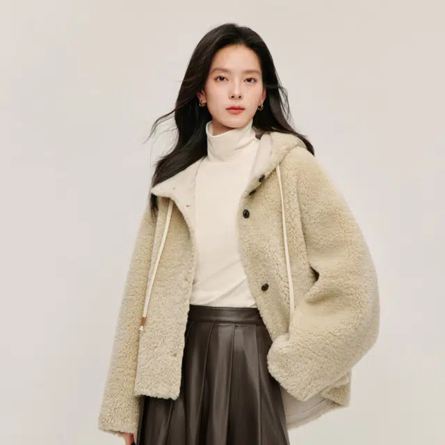 茵曼 复古连帽皮毛一体加厚长袖截短外套 女款 杏色