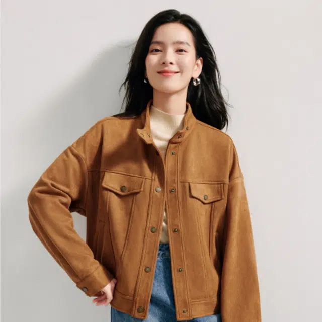 茵曼 麂皮绒休闲户外立领单排扣复古长袖夹克外套 女款 礼盒装