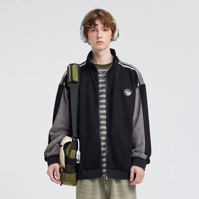 蜡笔小新 撞色麂皮拼接卡通小新徽标休闲宽松落肩立领夹克外套 男女同款