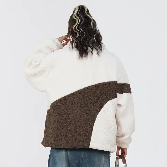 蜡笔小新 撞色弧线拼接卡通小新徽标保暖加绒加厚休闲宽松立领羊羔绒绒感外套 男女同款