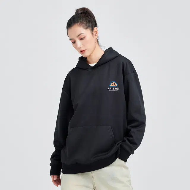 蜡笔小新 卡通人物头像贴字母印花休闲宽松套头连帽卫衣 男女同款