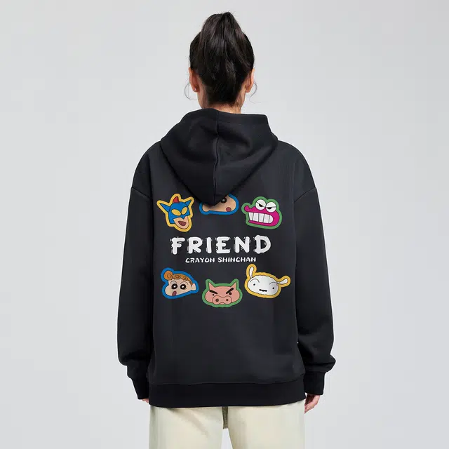 蜡笔小新 卡通人物头像贴字母印花休闲宽松套头连帽卫衣 男女同款