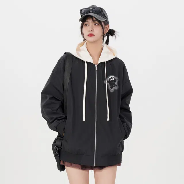 蜡笔小新 跳舞卡通人物加厚内胆休闲宽松连帽棉服 男女同款