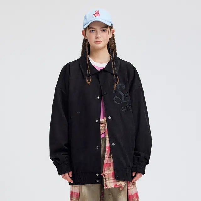 蜡笔小新 美式卡通小新环状字母刺绣休闲宽松翻领飞行员夹克外套 男女同款