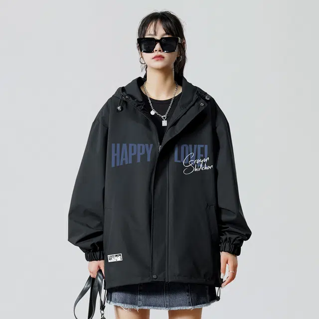 蜡笔小新 山系户外休闲运动防水防风字母印花休闲宽松连帽夹克外套 男女同款