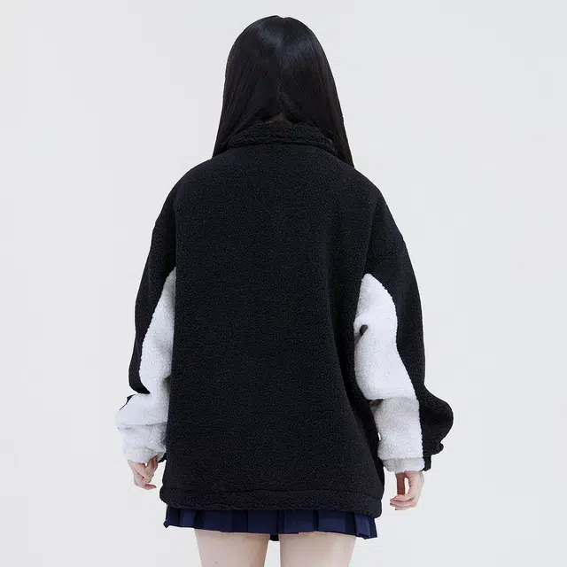 蜡笔小新 拼接撞色卡通小新徽标保暖加厚休闲宽松立领羊羔绒感外套 男女同款