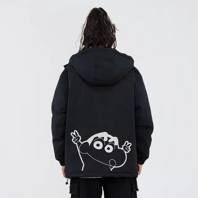 蜡笔小新 山系户外卡通比耶字母印花休闲宽松可调节加厚保暖连帽棉服外套 男女同款