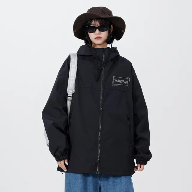 蜡笔小新 户外休闲运动小新字母印花宽松连帽夹克外套 男女同款