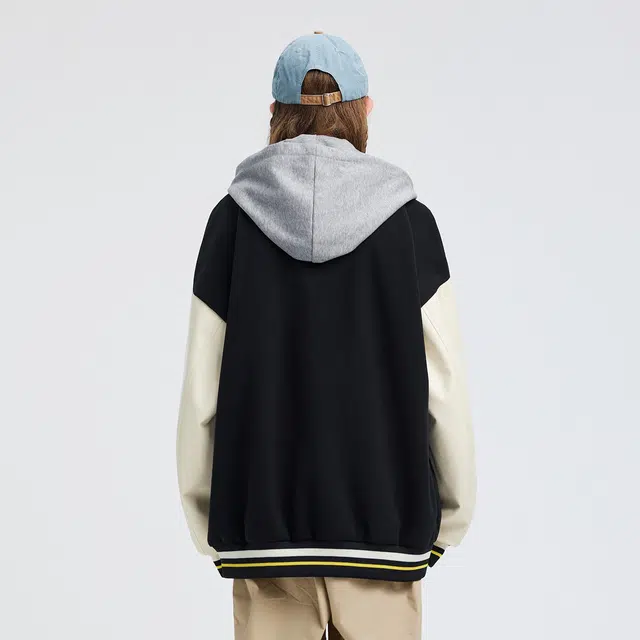 蜡笔小新 趣味欢呼小新卡通字母印花拼接撞色休闲宽松连帽夹克外套 男女同款