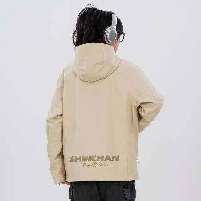 蜡笔小新 户外防风防水卡通渐隐字母印花可拆卸内胆连帽三合一长袖冲锋衣 男女同款