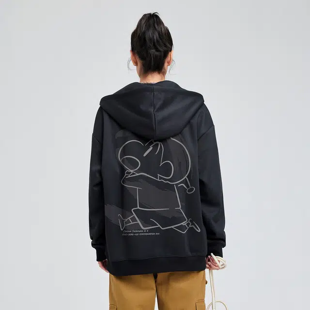 蜡笔小新 卡通线稿手绘奔跑小新字母印花休闲拉链连帽开衫卫衣外套 男女同款