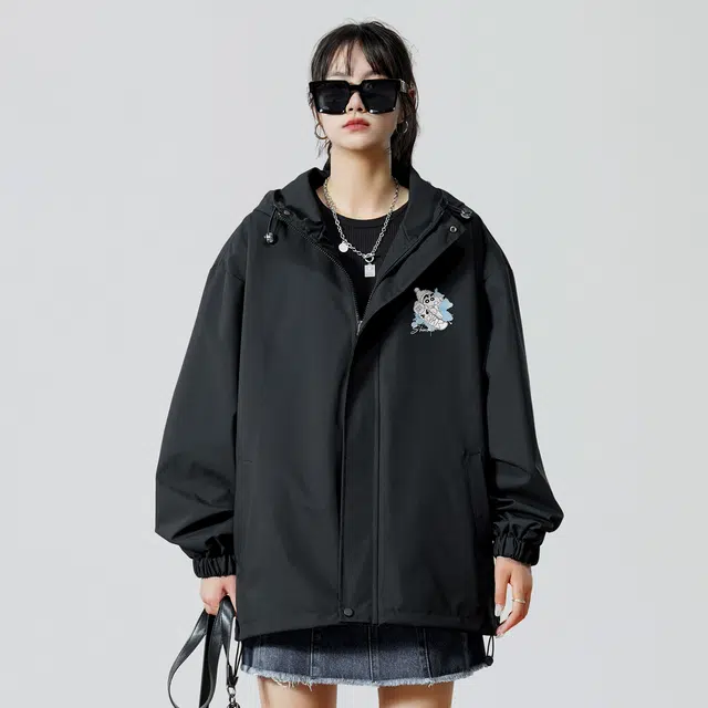 蜡笔小新 户外卡通滑雪字母印花休闲宽松厚款连帽棉服外套 男女同款