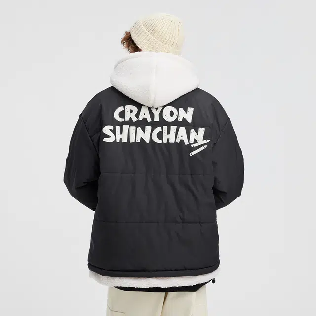 蜡笔小新 假两件连帽卡通字母印花休闲保暖棉服外套 男女同款