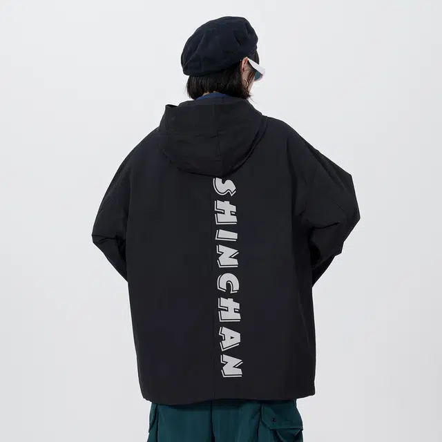 蜡笔小新 户外休闲运动卡通字母印花防风工装宽松连帽夹克外套 男女同款