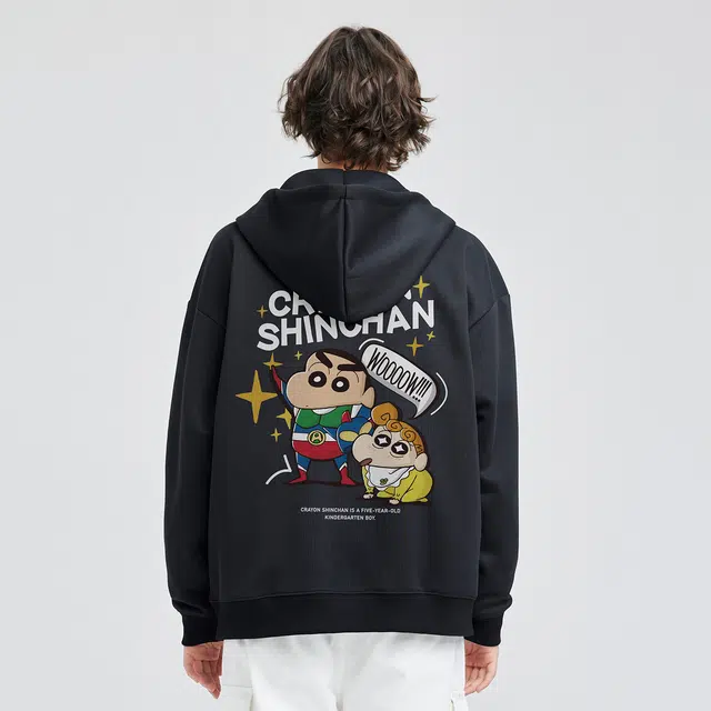 蜡笔小新 卡通动感超人字母印花休闲宽松连帽开衫卫衣 男女同款