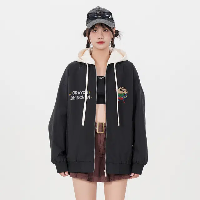 蜡笔小新 卡通动漫字母印花休闲宽松连帽夹克外套 男女同款