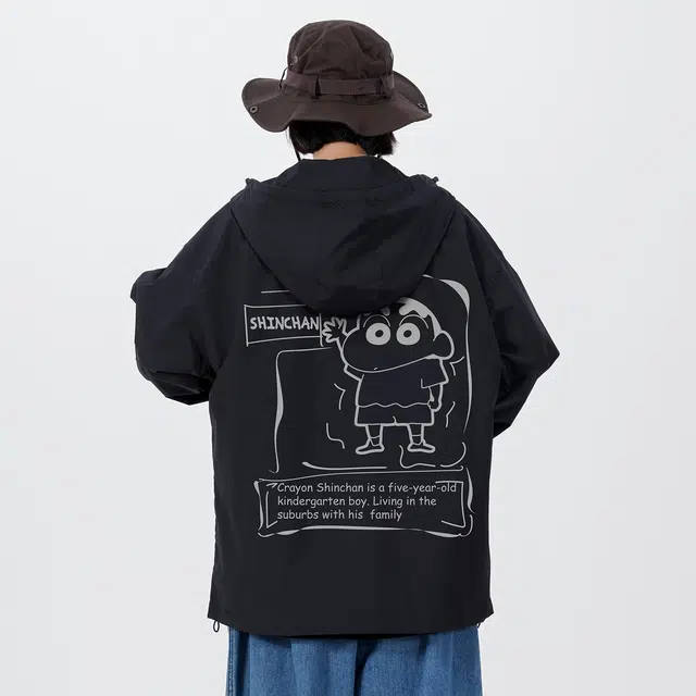 蜡笔小新 户外休闲运动小新字母印花宽松连帽夹克外套 男女同款