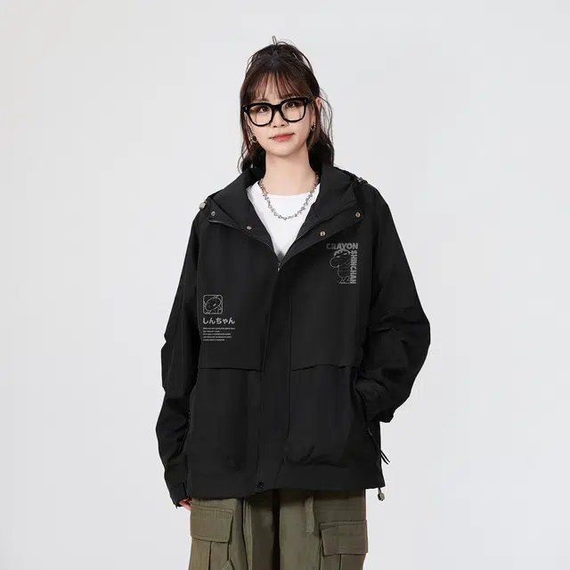 蜡笔小新 纯色户外防风防水卡通字母印花休闲连帽夹克外套 男女同款