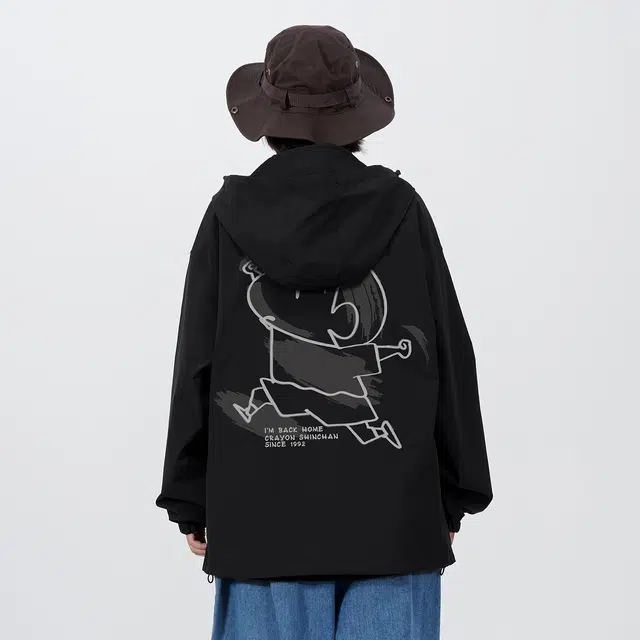 蜡笔小新 卡通小新线稿手绘字母印花休闲宽松连帽夹克外套 男女同款