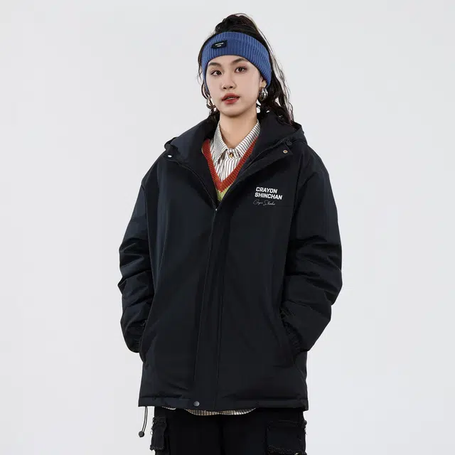 蜡笔小新 山系户外卡通比耶字母印花休闲宽松可调节加厚保暖连帽棉服外套 男女同款