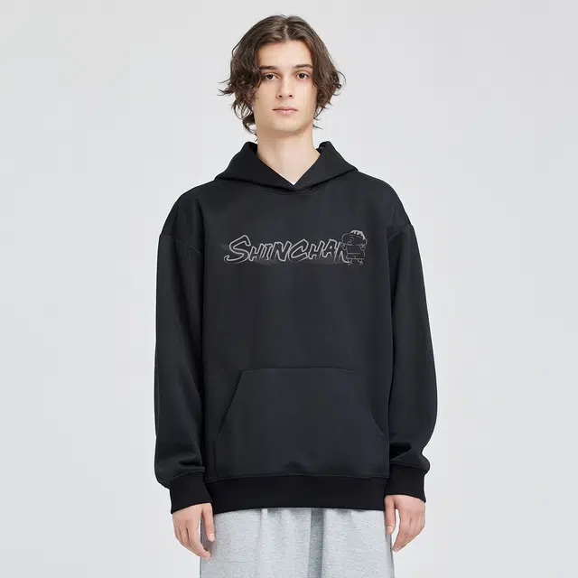 蜡笔小新 卡通线稿奔跑小新字母印花休闲宽松套头连帽卫衣 男女同款