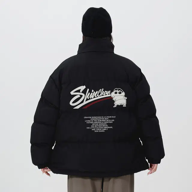 蜡笔小新 趣味搞怪小新字母标语印花保暖立领加厚面包棉服外套 男女同款