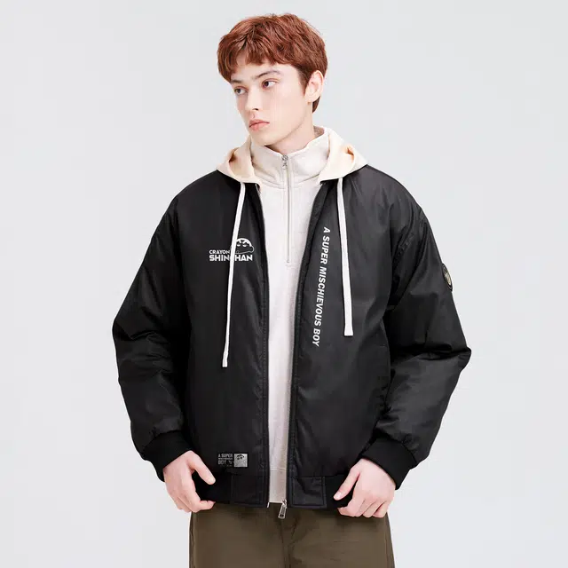 蜡笔小新 卡通人物袖徽字母印花休闲保暖加厚棒球羽绒服外套 男女同款